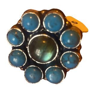 Labradorite Composite Turquoise Flower Cluster Ring Silver Tone Boho Size 7.5